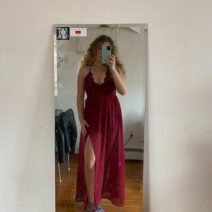 may&july Red Prom Dress Lace Halter Neck Strappy Low Back